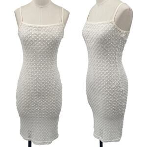 Vintage Y2k Textured Knit Midi Dress Bodycon Spaghetti Strap White Womens XS